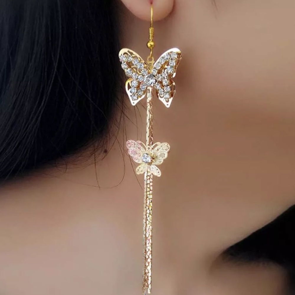 Gold Tone Long Butterfly 🦋 Earrings - Picture 3 of 5